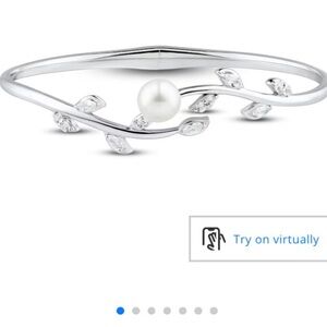 Cultured Pearl & White Lab-Created Sapphire Leaf Bangle
